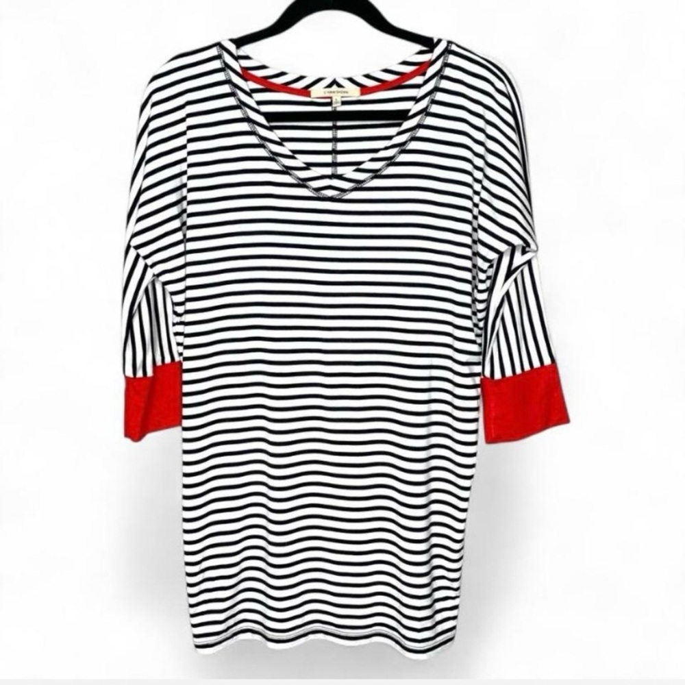 41 Hawthorn Striped V Neck Top Red Cuff Black White Batwing Small
